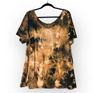 Black  and Bleached Tie Dye Short Sleeve with "I Died" Tombstone Graphic